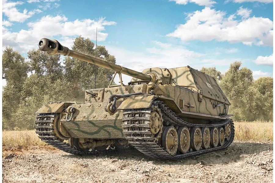 Box art illustration of an Italeri 1/35 scale Sd.Kfz. 184 Elefant tank destroyer in a field setting.