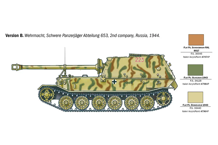 A side-profile illustration of a German Elefant tank destroyer with camouflage paint, including a color guide for Italeri paints.