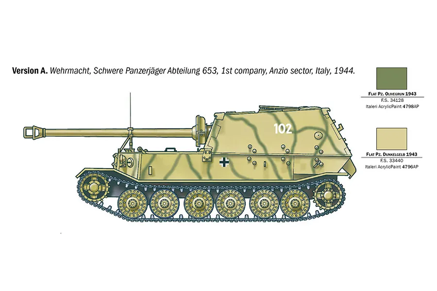 A side-profile illustration of a German Elefant tank destroyer with camouflage paint, including color swatches for painting the model.