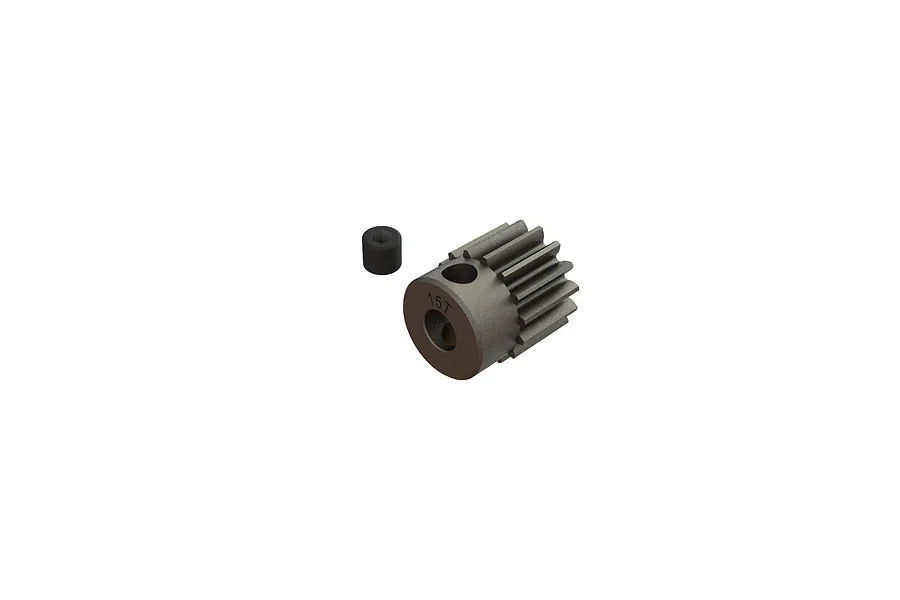 A 15T steel pinion gear for RC cars with a small grub screw, shown against a plain white background.