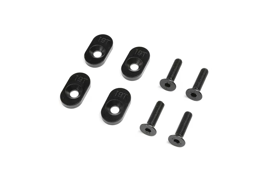 Four black aluminium 19T engine mount inserts and four matching flat-head screws on a white background.