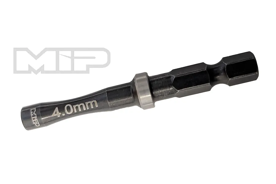 MIP 4.0mm nut driver speed tip tool bit with a black finish and silver ring, featuring laser-etched size markings.