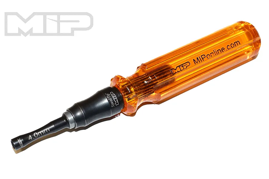 MIP 4.0mm nut driver with a translucent amber handle and black metal speed tip, isolated on a white background.