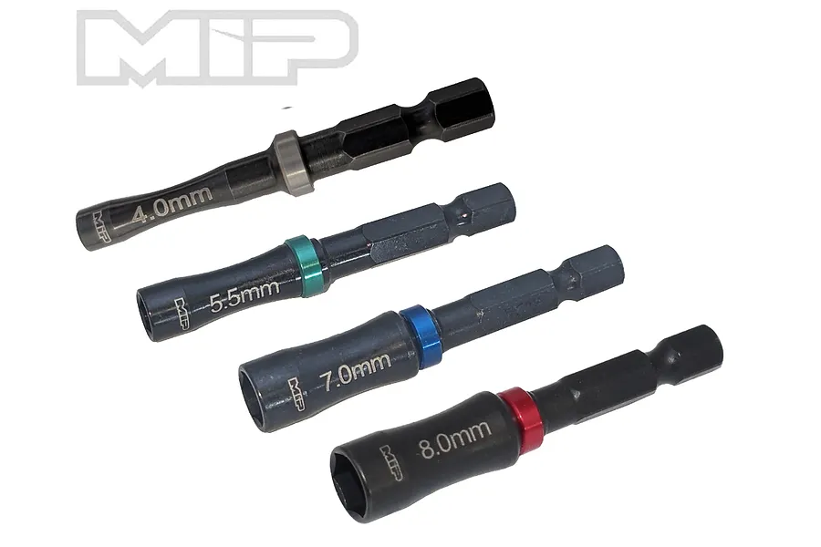 A set of four MIP nut driver speed tips in 4.0mm, 5.5mm, 7.0mm, and 8.0mm sizes, featuring black metal shafts with color-coded rings.