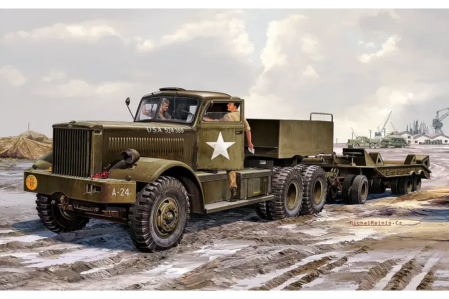 Box art illustration of a Revell M19 Tank Transporter truck in olive drab with two soldiers, set in a muddy field with industrial equipment in the background.