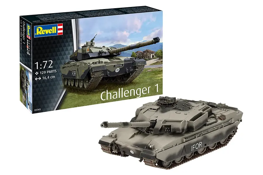 Revell 1/72 scale Challenger 1 tank plastic model kit box and a fully assembled, painted model tank on a white background.