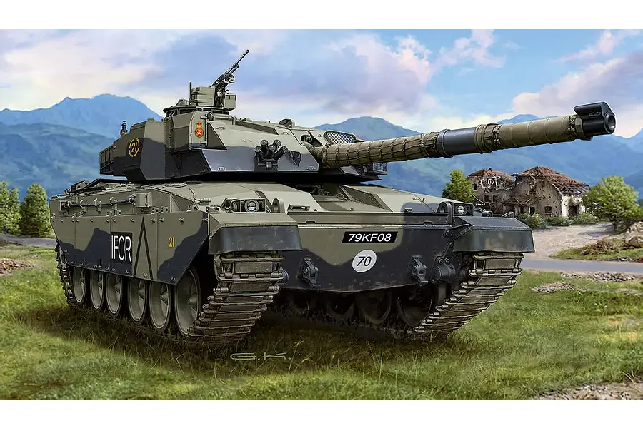 Box art illustration of a British Challenger 1 tank in a field with mountains in the background.