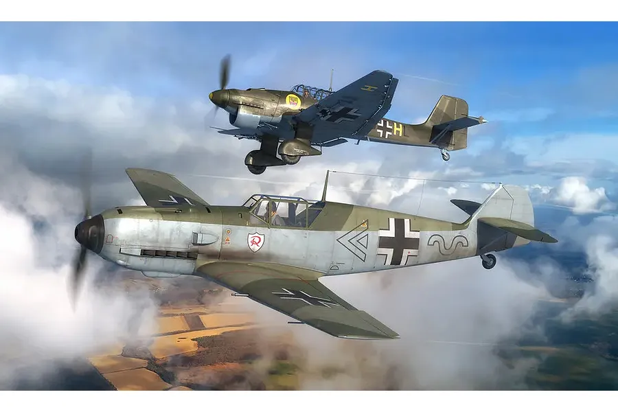 Digital illustration of a Messerschmitt Bf 109 and a Junkers Ju 87 Stuka flying in formation above clouds.