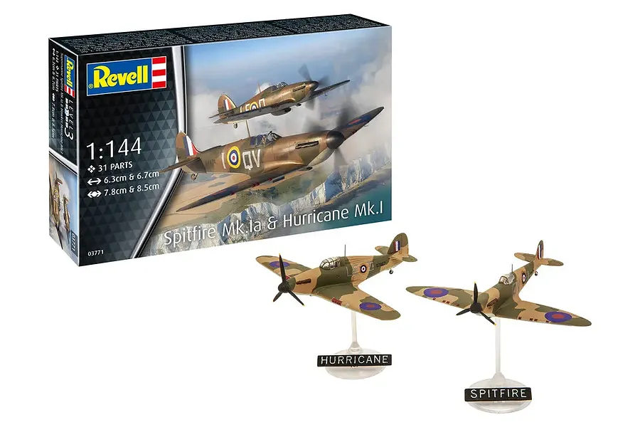 Revell 1/144 Supermarine Spitfire Mk.la and Hawker Hurricane Mk.I Fighter Planes Scaled Plastic Model Kit image 116223