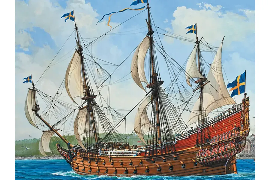 An artistic illustration of the Swedish warship Vasa sailing on the water, featuring detailed rigging, sails, and a red-painted hull with multiple cannons.