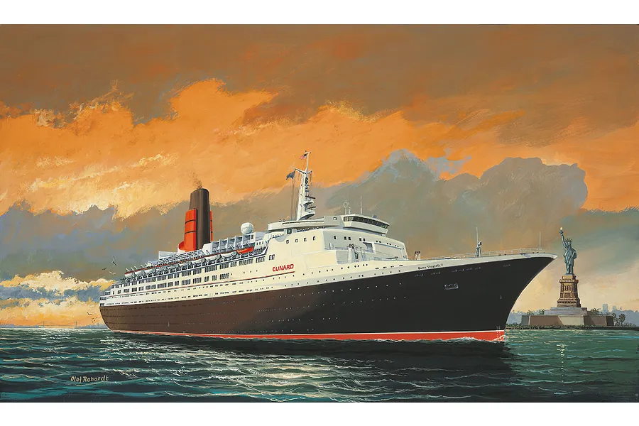 A painting of the Queen Elizabeth 2 ocean liner sailing past the Statue of Liberty at sunset.