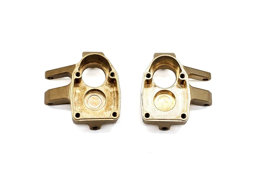 Two brass portal steering hubs for RC vehicles, shown from the inner side on a white background.
