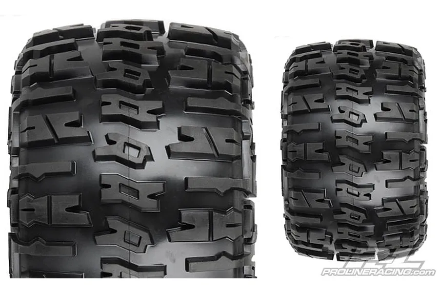 Two Pro-Line 3.8 inch Trencher RC monster truck tyres shown from a front-on perspective against a white background.