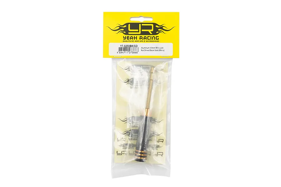 Yeah Racing 4.5mm lock nut driver in black and gold, sealed in retail packaging with a yellow header card.
