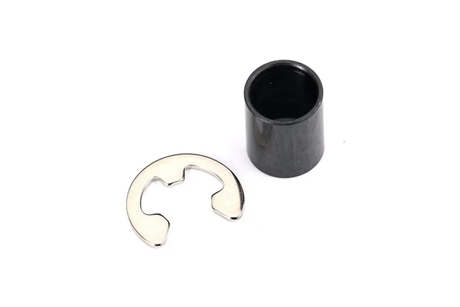 A black cylindrical motor shaft spacer and a silver E-clip on a white background.