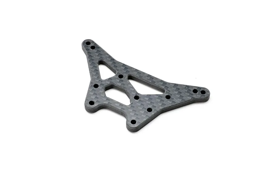 A flat, triangular carbon fibre front shock tower for an RC car with multiple mounting holes, shown against a plain white background.