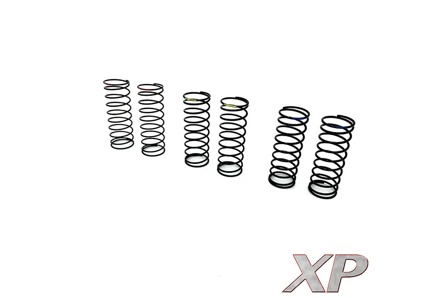 A set of six black RC shock springs arranged in pairs, with small colored markings on the top coils, against a white background with an XP logo in the corner.