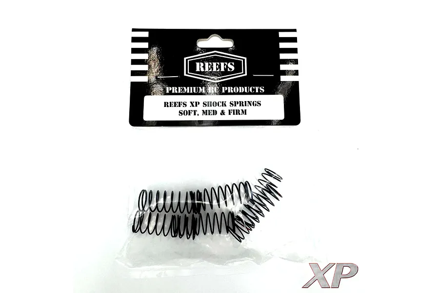 Reefs RC XP Shock Springs set in original packaging with soft, medium, and firm springs visible inside a plastic bag.