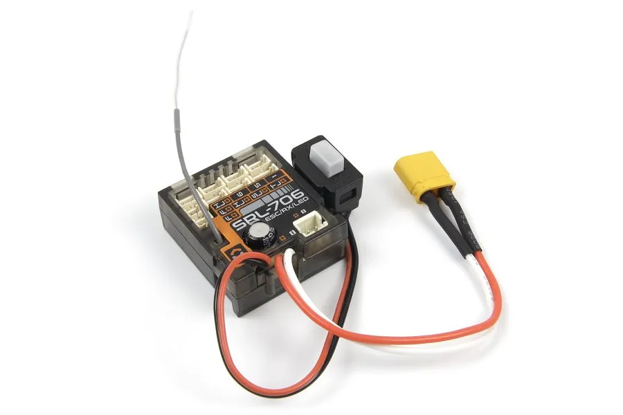 HPI SRL-706 3-in-1 ESC/RX/LED combo unit featuring a black plastic housing, integrated antenna, power switch, and an XT30 battery connector.