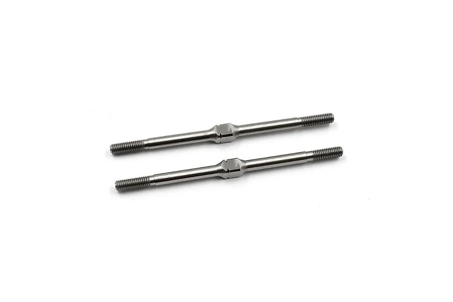 Two silver-coloured metal RC turnbuckles with threaded ends and a central hexagonal adjustment section, isolated on a white background.