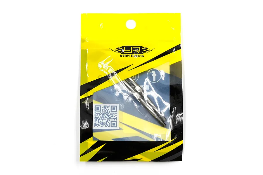 Two Yeah Racing titanium turnbuckles packaged in a yellow and black branded plastic bag.