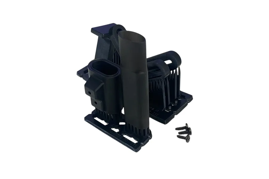 A set of black plastic RC car exhaust mufflers and mounting brackets with small screws on a white background.