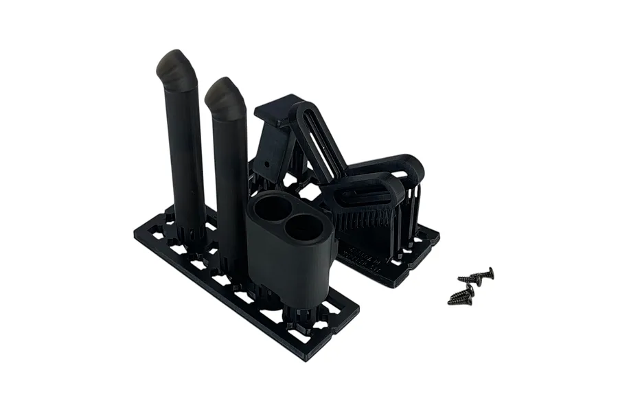 Pandora RC 1/10 scale dual muffler set with mounting brackets and small screws on a white background.