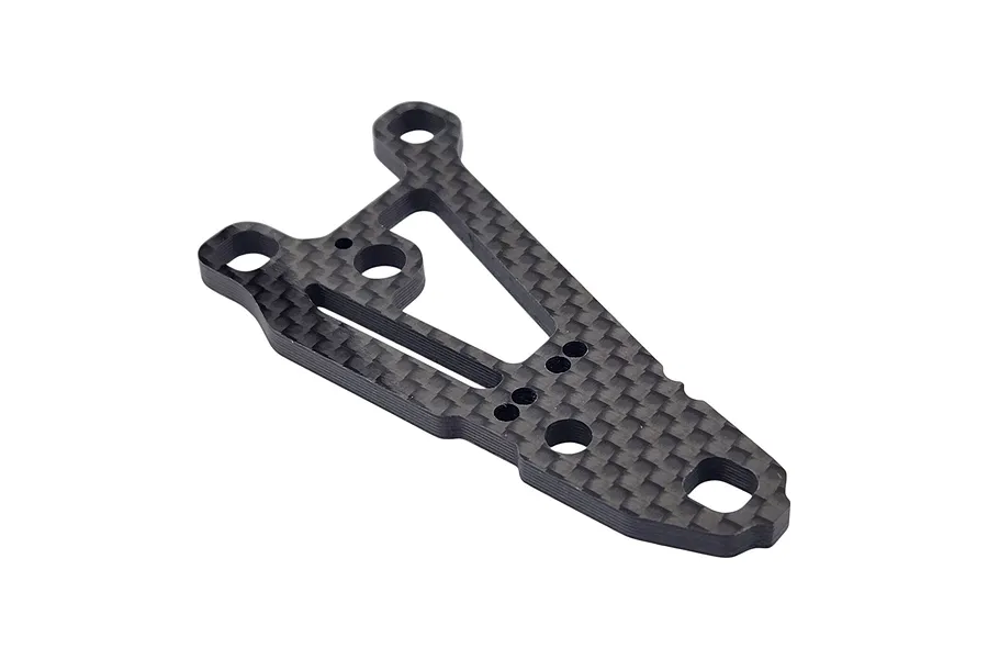 A single RC Maker carbon fibre front suspension arm for RC cars, featuring a flat, triangular design with multiple mounting holes.