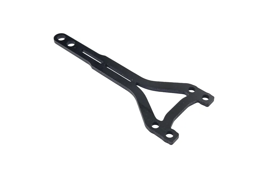 A black fibreglass RC car rear top deck component with a Y-shaped design and multiple mounting holes, isolated on a white background.