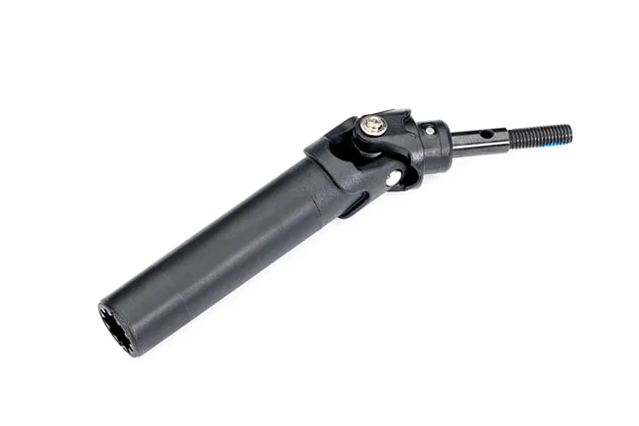 Traxxas rear outer CVD driveshaft assembly for RC cars, featuring a black plastic shaft and metal joint components.