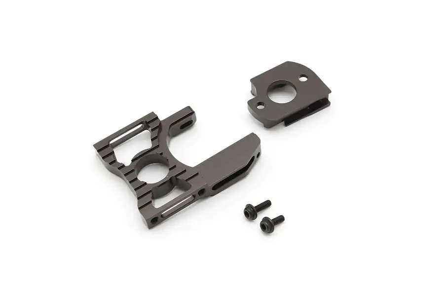 Kyosho aluminium long motor mount parts including the main mount, a secondary bracket, and two small screws on a white background.