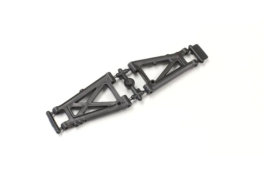 A pair of black plastic RC suspension arms connected by a sprue tree on a white background.