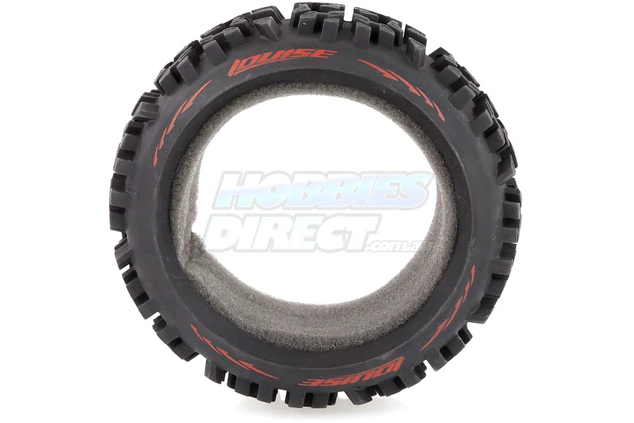 A single Louise B-Pioneer RC buggy tyre showing the tread pattern and internal foam insert against a white background.