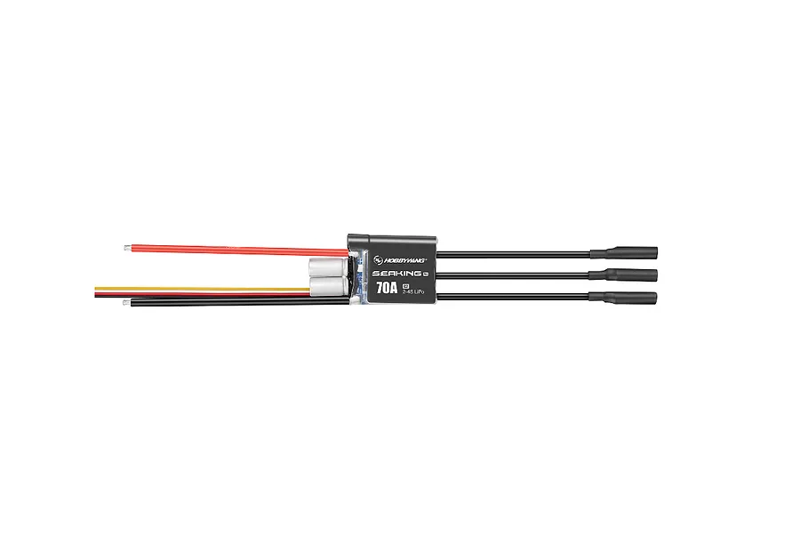 Hobbywing Seaking G2 70A brushless ESC for RC boats with black casing, red and black power wires, and three motor output wires.
