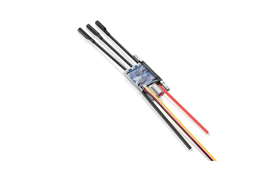 Hobbywing Seaking G2 brushless ESC with water cooling tubes and multi-colored wires on a white background.