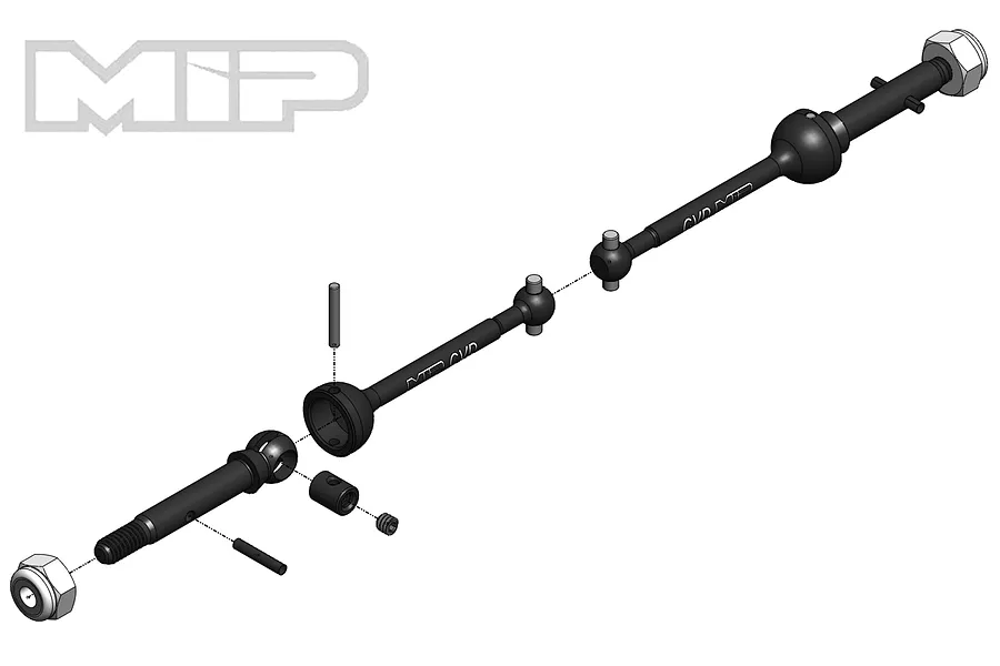 An exploded view diagram of an MIP CVD driveshaft kit showing the individual components including the shaft, joints, pins, and wheel nut.