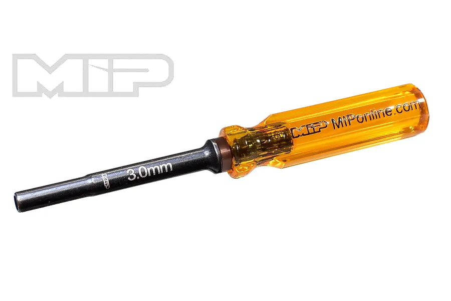 MIP 3.0mm G2 nut driver with a translucent amber handle and black steel shaft, featuring the MIP logo and website printed on the handle.