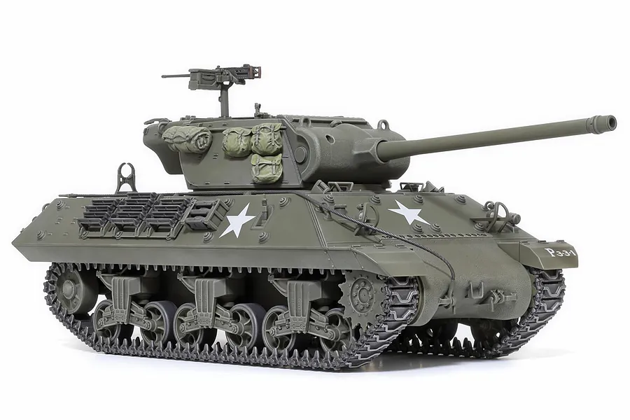 A fully assembled and painted 1/35 scale Tamiya M36 U.S. Tank Destroyer model, featuring olive drab paint, white star markings, and a mounted machine gun.
