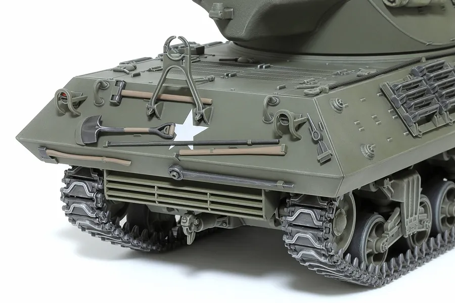 Close-up of the rear hull of a Tamiya 1/35 scale M36 U.S. Tank Destroyer model, showing detailed tools, tracks, and a white star decal.
