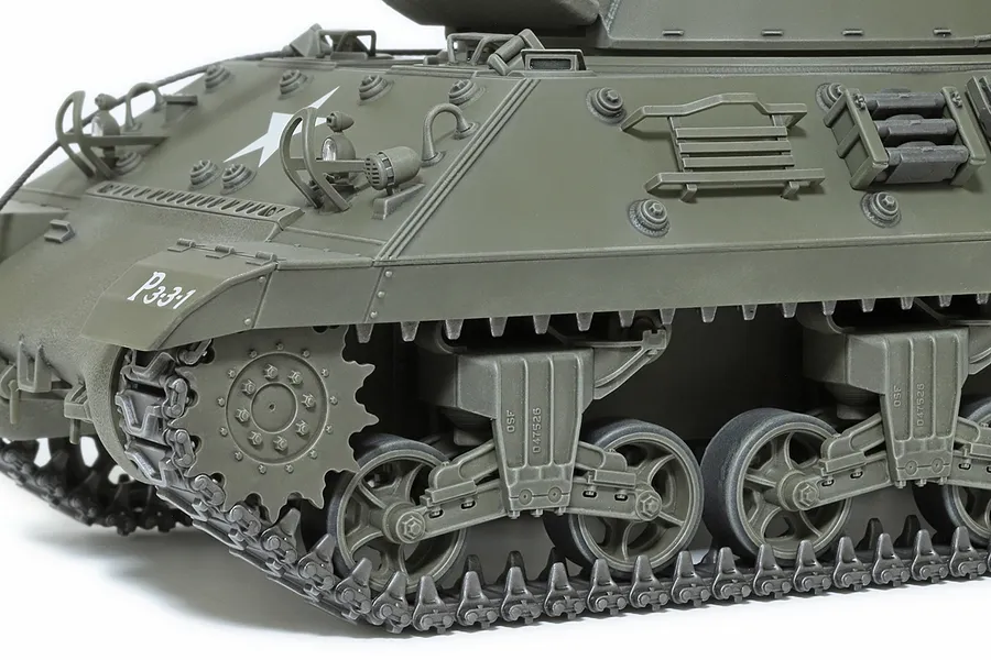 Close-up of the front suspension and tracks on a Tamiya 1/35 scale M36 U.S. Tank Destroyer plastic model kit.