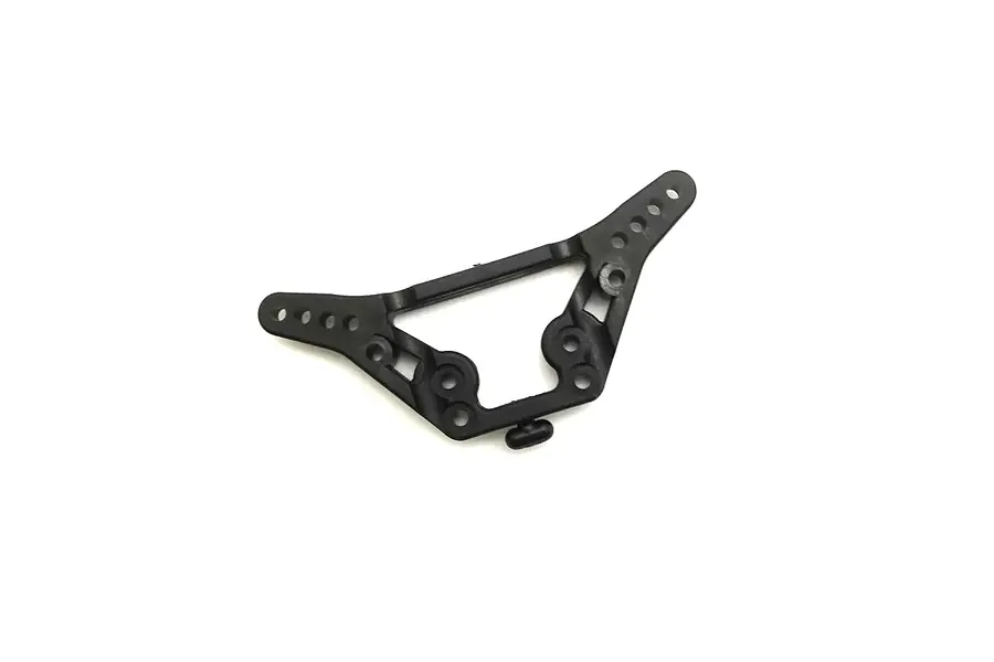 A black plastic front shock tower for an RC car, featuring multiple mounting holes and a triangular frame design.
