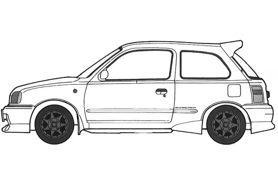 A black and white line drawing of a Nissan March K11 hatchback in profile view, showing the car's body shape and wheels.