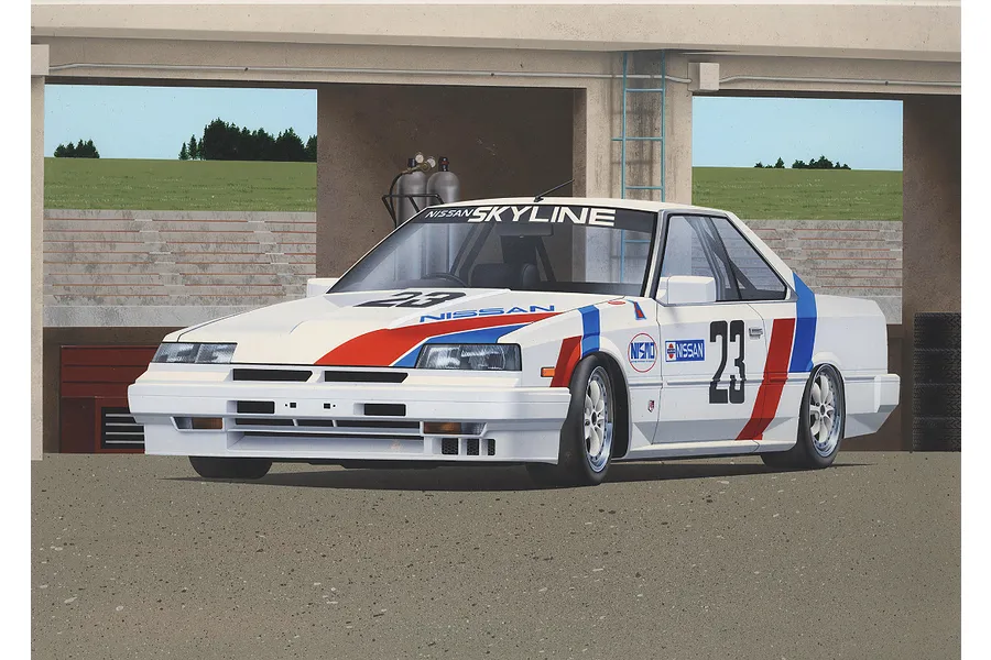 An illustration of a white 1986 Nissan Skyline RS Turbo race car with red and blue racing stripes and the number 23 parked in a pit garage.