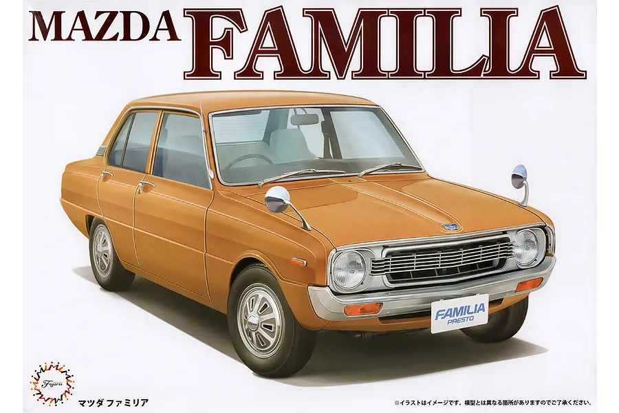 Box art for a Fujimi 1/24 scale Mazda Familia Presto model kit, featuring an illustration of a vintage orange sedan.
