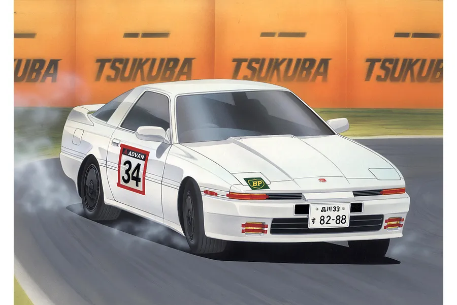 An illustration of a white 1985 Toyota Supra drifting on a racetrack with Tsukuba branding in the background.