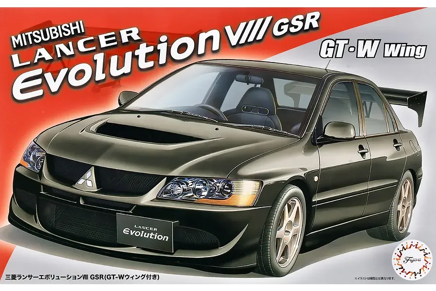Box art for a Fujimi 1/24 scale Mitsubishi Lancer Evolution VIII GSR plastic model kit featuring a dark grey car with a GT-W wing.