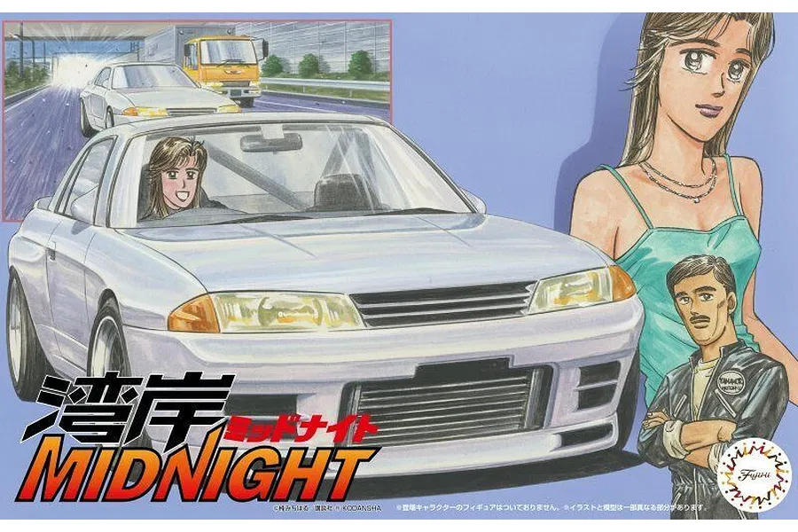 Box art for a Fujimi 1/24 scale Nissan Skyline R32 GT-R model kit featuring Wangan Midnight anime-style illustrations of the car and characters.