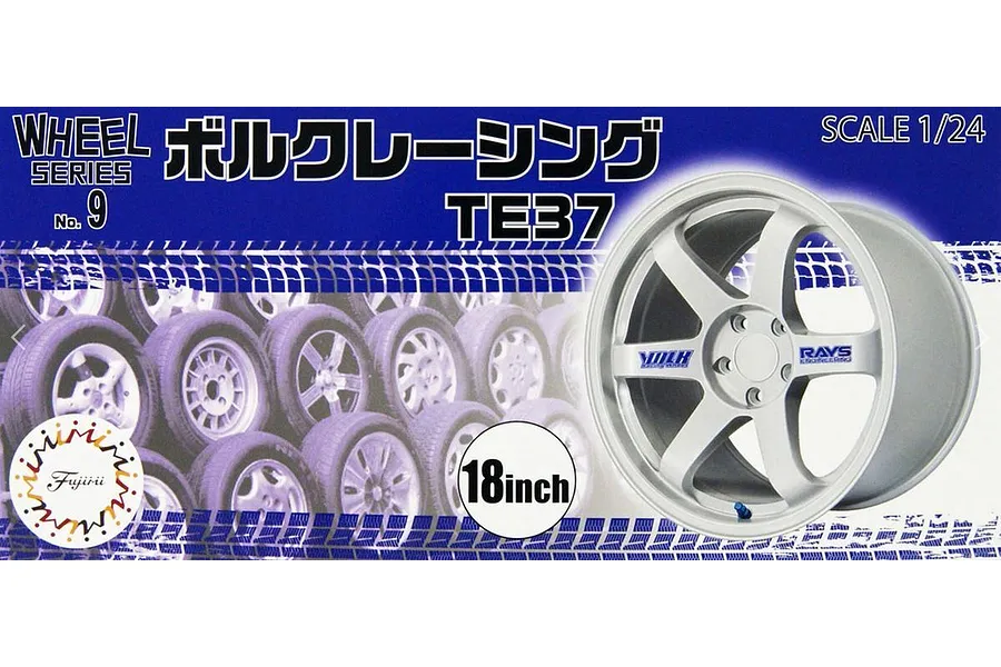 Fujimi 1/24 scale Volk Racing TE37 model wheel set packaging featuring a silver six-spoke wheel design.