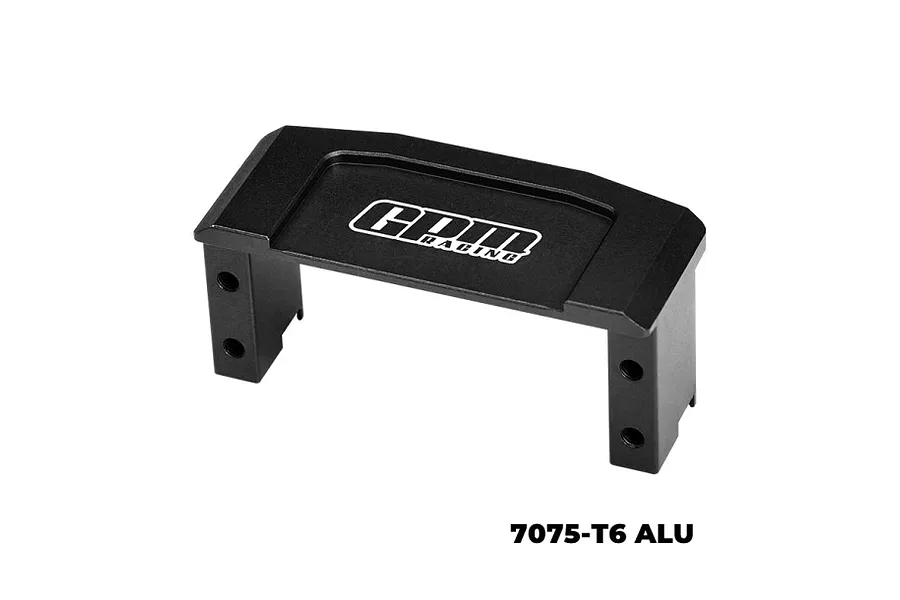 A black GPM Racing aluminium servo mount for RC vehicles, featuring a bridge-like design with mounting holes and the GPM Racing logo.