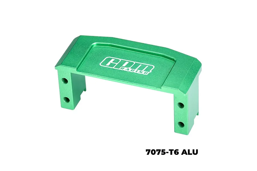 A green anodized aluminium GPM Racing servo mount for RC cars, featuring a bridge-like design with mounting holes on the side legs.